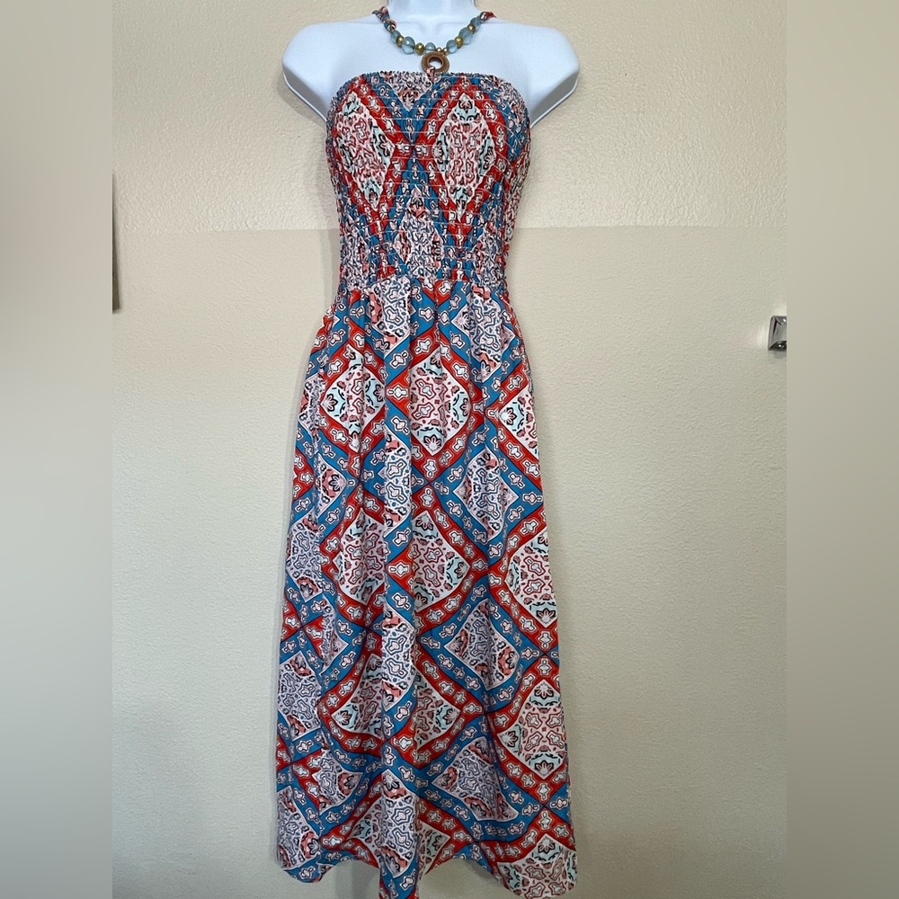 Summer halter Red and Blue Patterned Maxi Dress size PM